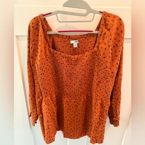 Sonoma Rust Smocked Peplum Blouse 2X Square Neck Boho Top